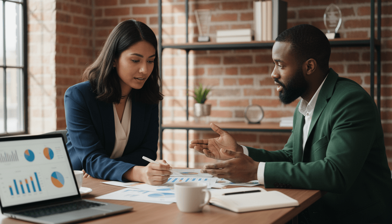 Professional consultation between advisor and client reviewing financial documents in bright modern office