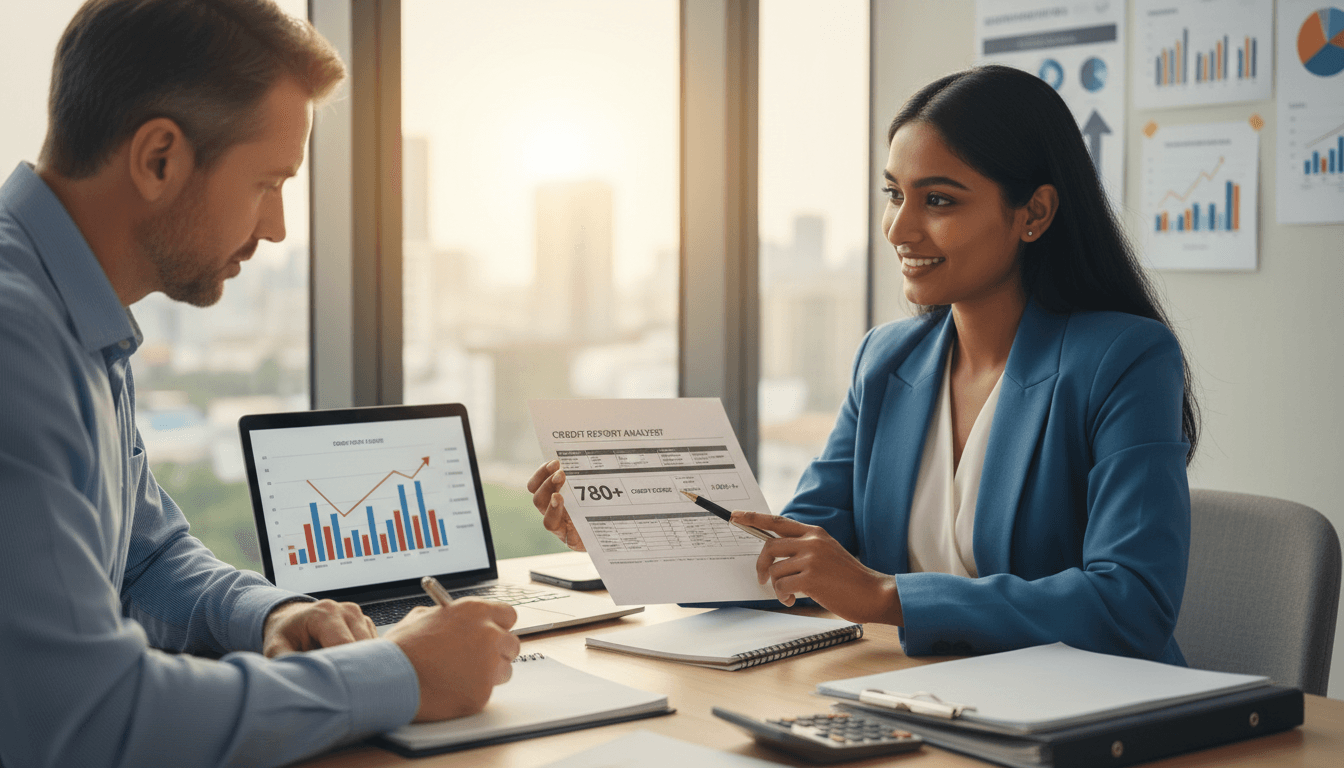 Professional advisor meeting with client at desk discussing credit repair strategy